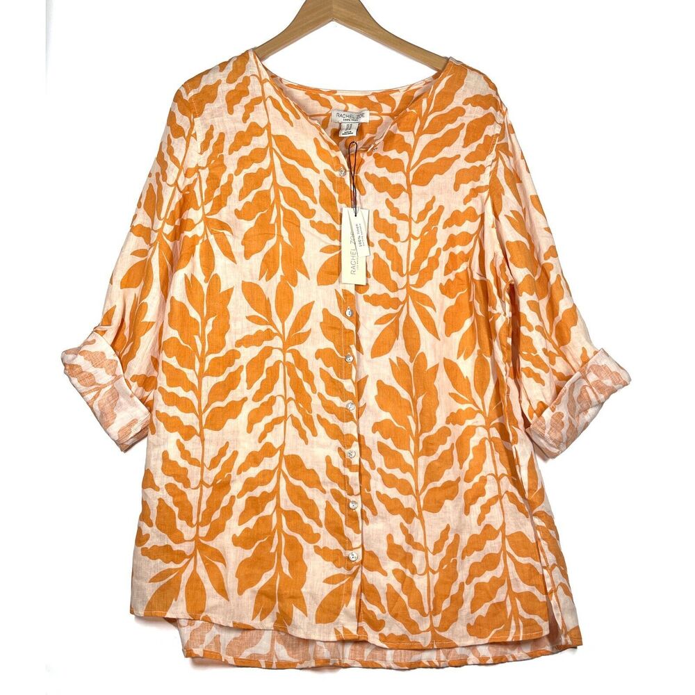 Rachel Zoe 100% Linen Tunic PlusSz 1X NWT Button Down Blouse Casual Orange Peach